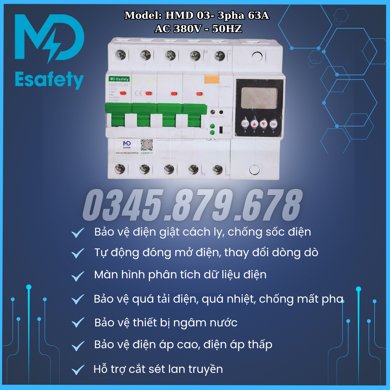 Thiết bị chống sốc điện cách ly 3P MD Esafety model HMD 03-3P, dòng đinh mức 63A