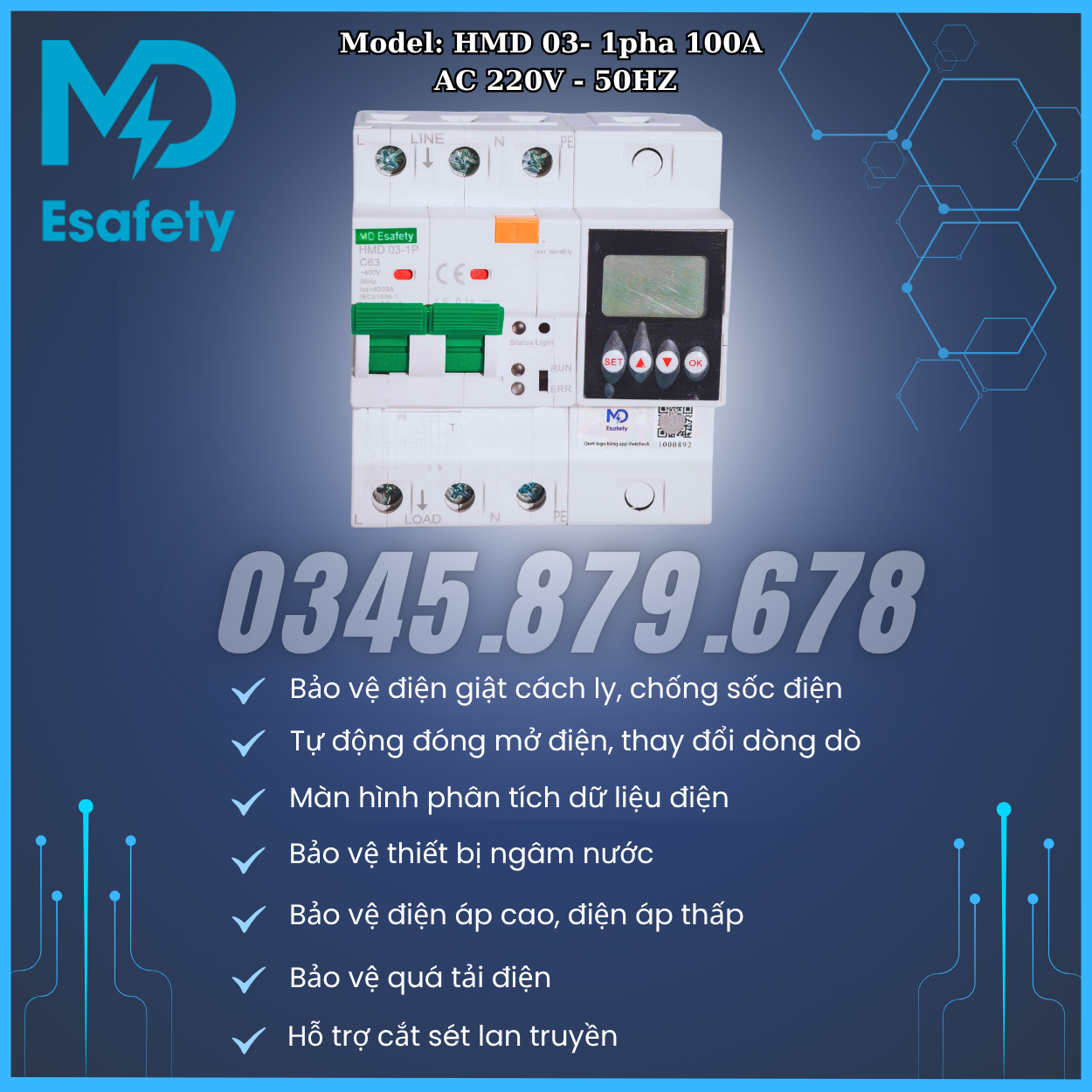 Thiết bị chống sốc điện cách ly 1P MD Esafety model HMD 03-1P dòng định mức 100A