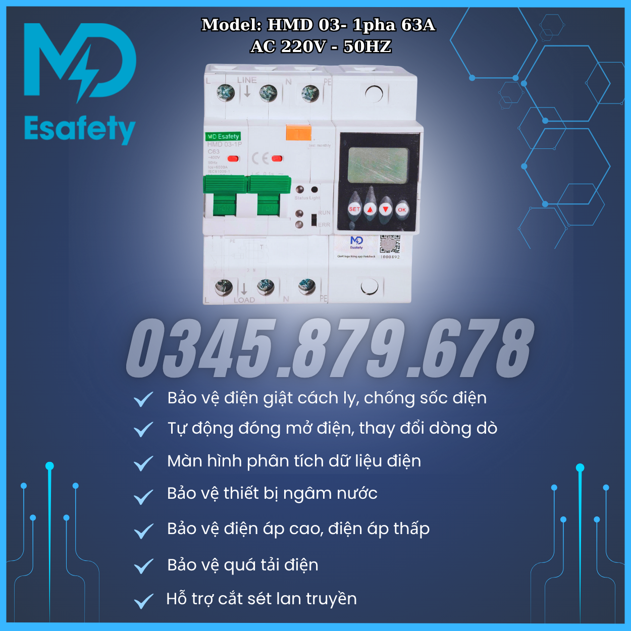 Thiết bị chống sốc điện cách ly 1P MD Esafety model HMD 03-1P dòng định mức 63A